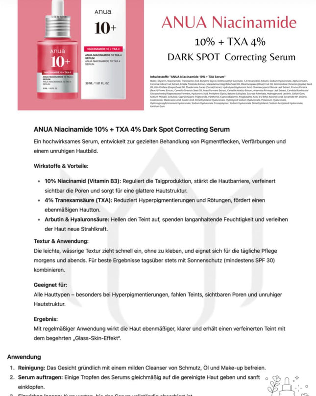 Anua – Niacinamide 10% + Tranexamin Acid 4% Serum – 30 ml
