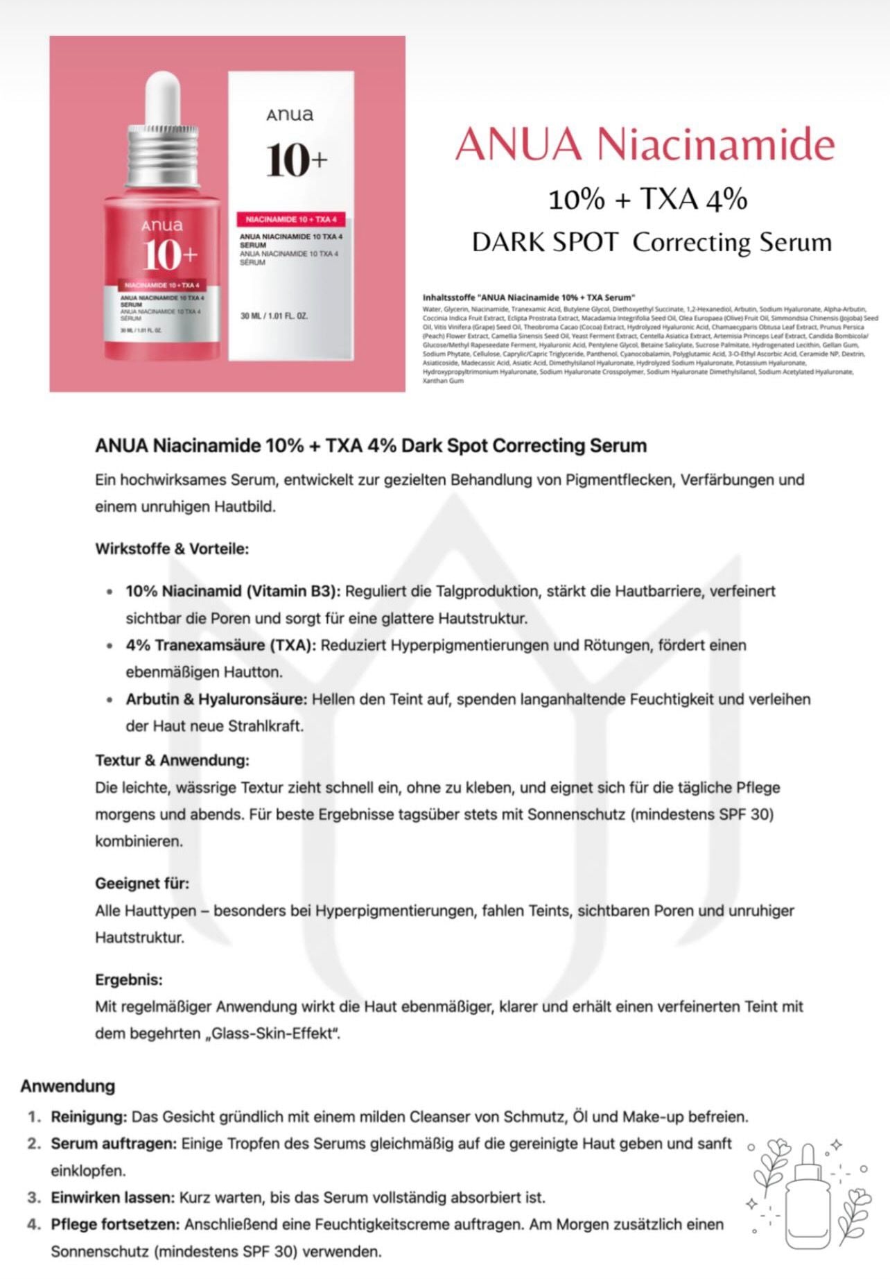 Anua – Niacinamide 10% + Tranexamin Acid 4% Serum – 30 ml