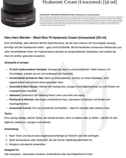 Haruharu Wonder – Black Rice 10 Hyaluronic Cream Unscented – 50ml