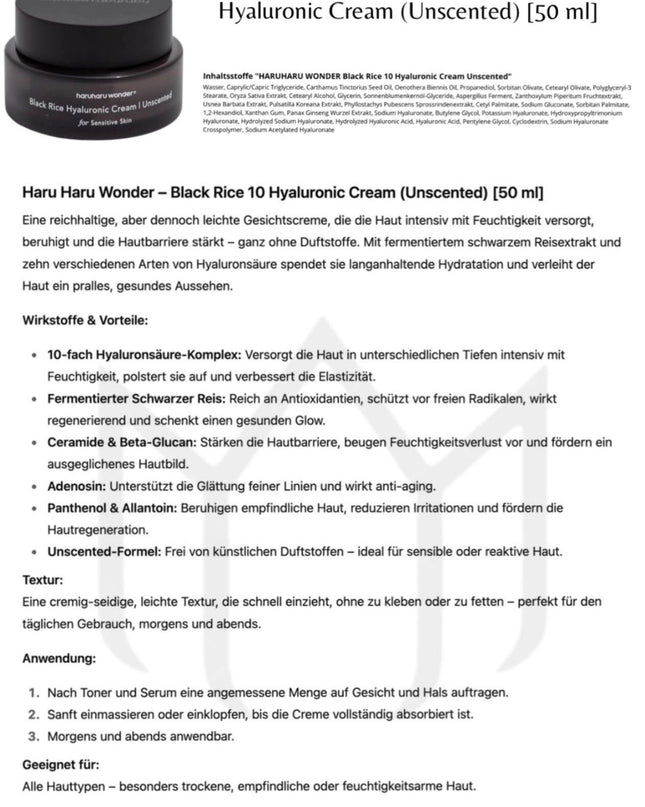 Haruharu Wonder – Black Rice 10 Hyaluronic Cream Unscented – 50ml