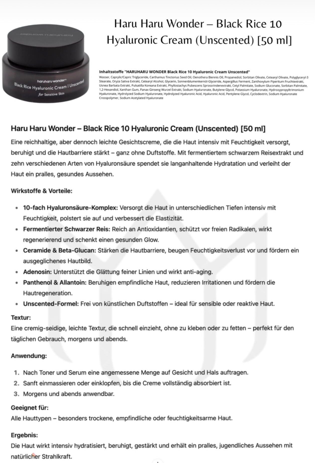 Haruharu Wonder – Black Rice 10 Hyaluronic Cream Unscented – 50ml