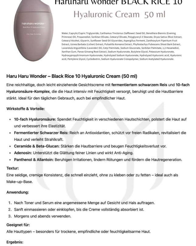 Haruharu Wonder – Black Rice Hyaluronic Cream – 50ml