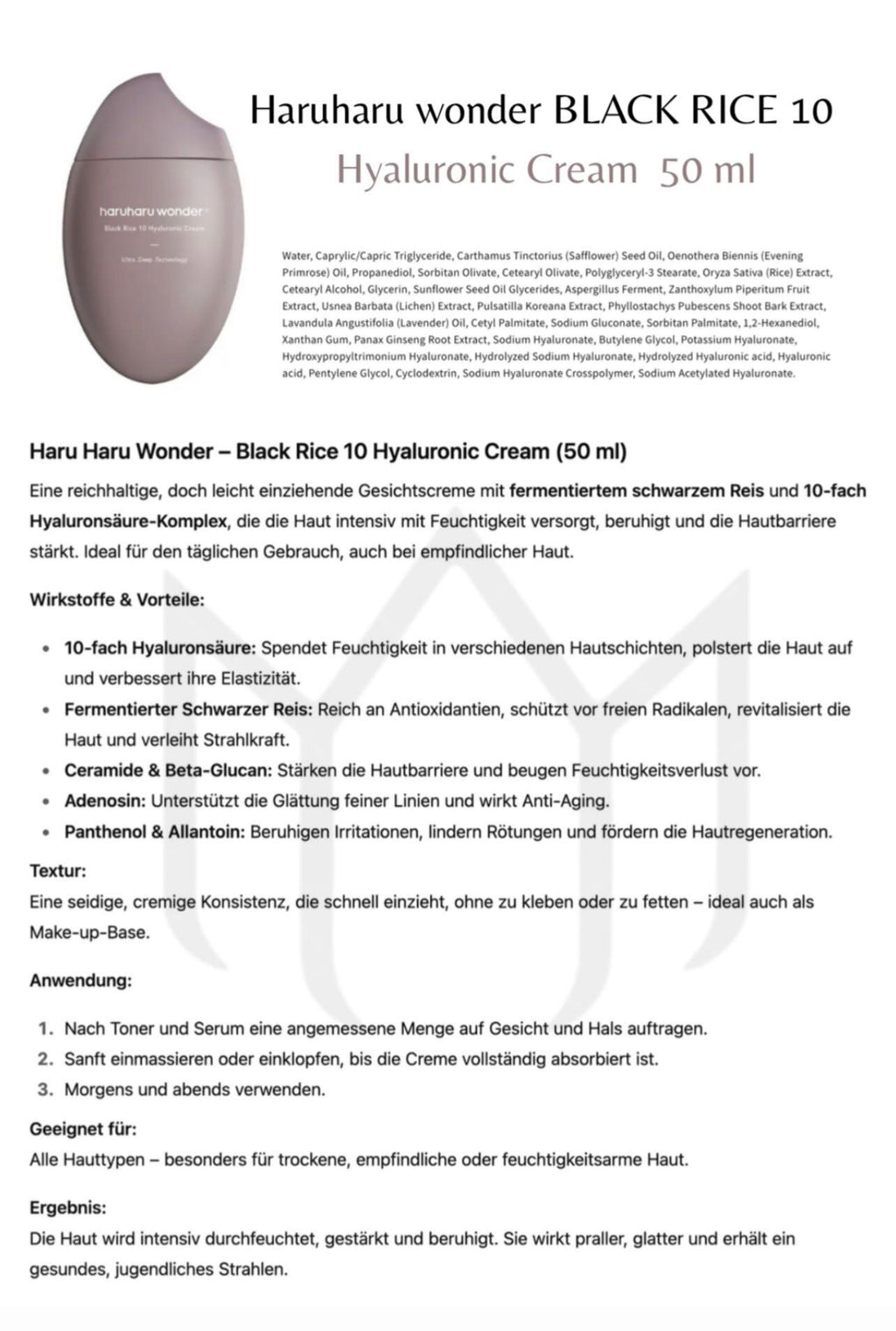 Haruharu Wonder – Black Rice Hyaluronic Cream – 50ml