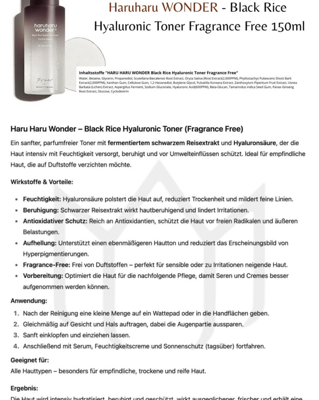 Haruharu Wonder – Black Rice Hyaluronic Toner for Sensitive Skin – 150ml