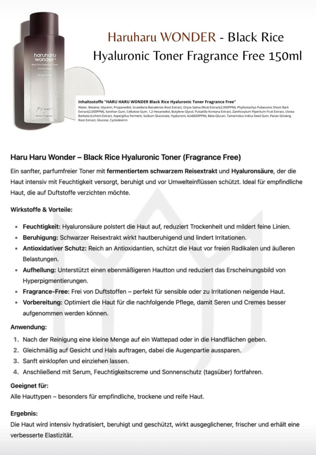 Haruharu Wonder – Black Rice Hyaluronic Toner for Sensitive Skin – 150ml