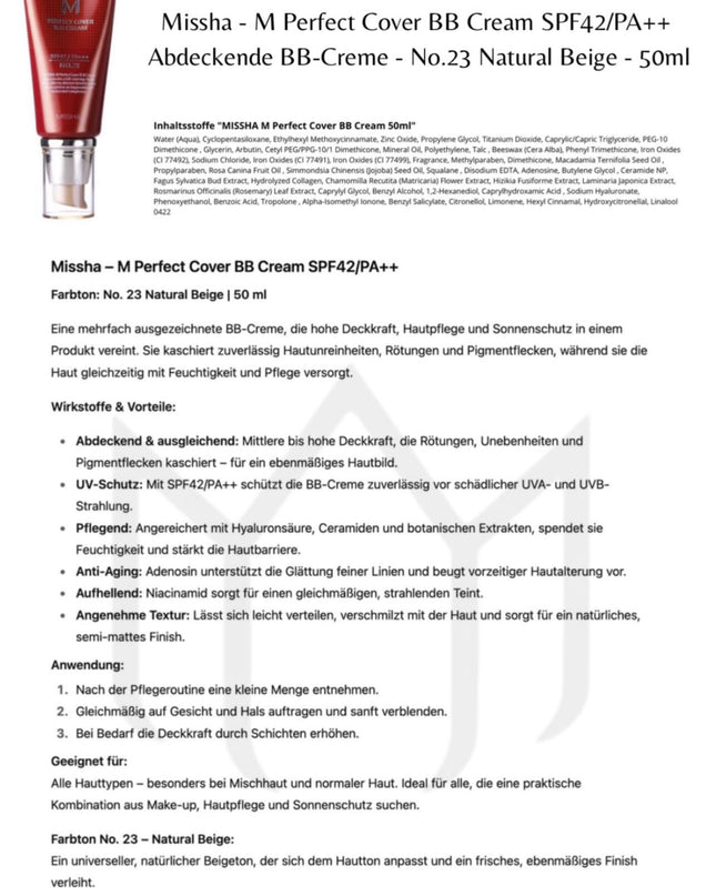 Missha – M Perfect Cover B.B Cream, SPF 42 PA+++, 50ml