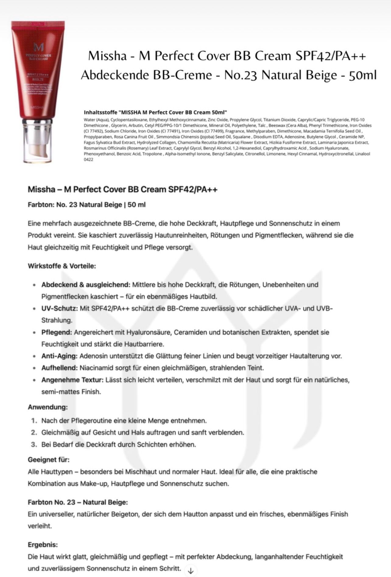 Missha – M Perfect Cover B.B Cream, SPF 42 PA+++, 50ml