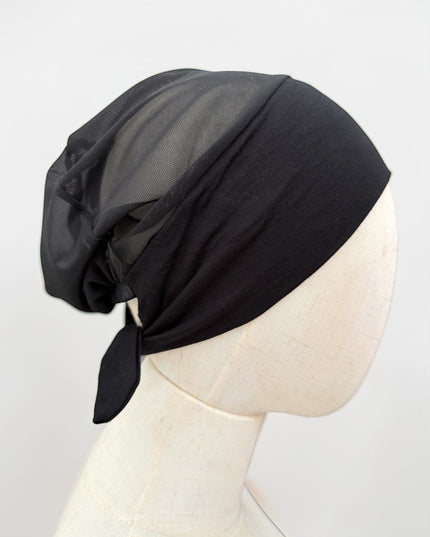 awra.at black jersey cotton bonnet with breathable mesh back and tie detail